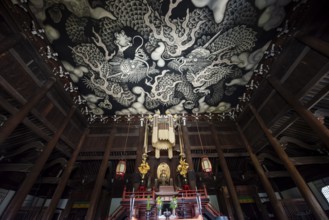 Interior view of Hodo Hall in Kennin-ji Buddhist Temple, Twin Dragon ceiling painting by artist