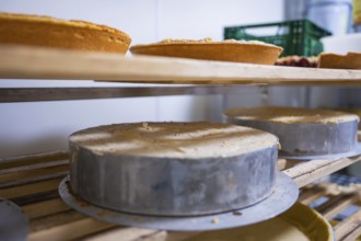 Cakes on wooden shelves in the bakery, ready to be baked, Easter production of regional products,