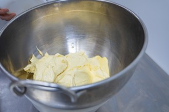 Dough in a stainless steel bowl on a worktop, vegan cake production, Haselstaller Hof, Gechingen,