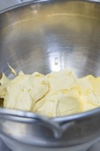 Dough in a large metal bowl, vegan cake production, Haselstaller Hof, Gechingen, Germany