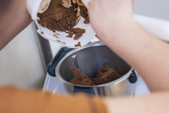 Preparation of chocolate ice cream in a mixer in the kitchen, vegan cake production, Haselstaller