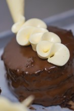 A chocolate covered cake decorated with white chocolate, vegan cake production, Haselstaller Hof,