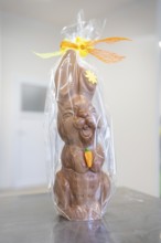 A packaged chocolate bunny with Easter decoration and orange ribbon, Easter production of regional