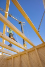 Construction worker balancing on wooden scaffolding under a clear sky, timber house construction,