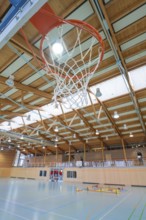 A basketball hoop in a sports hall with wooden structure and neon lighting, Schlehengäu Sporthalle