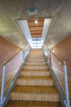 Wooden steps lead up into an open, bright room, Schlehengäu Sporthalle Gechingen, Calw district,