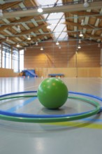 Green ball surrounded by tires in a large gym with wooden ceiling, Schlehengäu Sporthalle