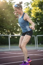 Woman dancing enthusiastically on a running track in summer sunlight, middle distance runner