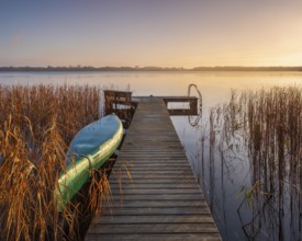 Jetty and inverted boat at Schaalsee in the first morning light, reeds in autumn colors, Schaalsee