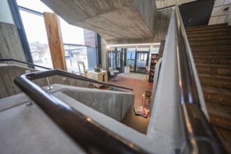 Modern staircase with views of the surrounding area through windows, Gechingen Town Hall, Calw
