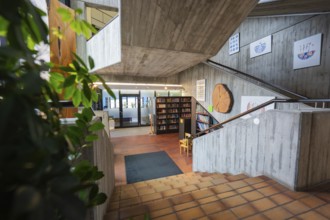 Staircase with modern architecture and art on the wall, Gechingen Town Hall, Calw District, Germany