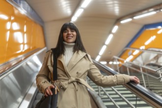 Woman in a trench coat and sweater ascending an escalator in a modern subway station, holding a bag