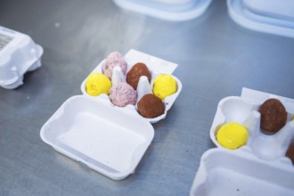 Different colored chocolate eggs in an egg carton on a metal surface, chocolate quail eggs, Easter