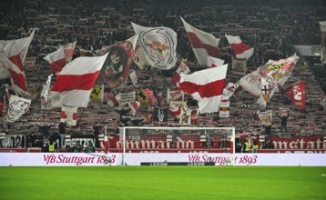 Fan block, fans, fan curve, flags, atmosphere, atmospheric Cannstatt curve VfB Stuttgart soccer