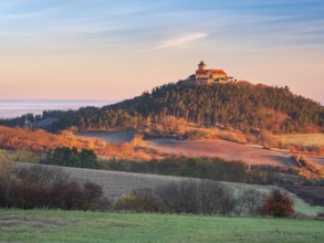 View of Wachsenburg Castle in the first morning light in autumn, Burgenensemble Drei Gleichen,