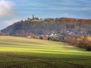 View over field with winter sowing of the ruins of Mühlburg and the village of Mühlberg in autumn,