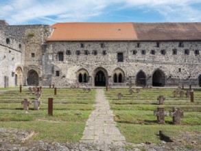 Arnsburg Abbey, courtyard with military cemetery, district of Lich, Hesse, Germany