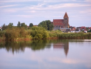 Tribsee with St. Thomas Church in the evening, reflection in a lake, North German brick Gothic,