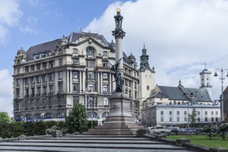 Monument to Polish poet Adam Mickiewicz on Marienplatz, Lviv, Ukraine