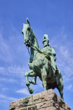 Emperor Frederick III, equestrian statue, sandstone pedestal, blue sky, cirrus clouds, Hohenzollern
