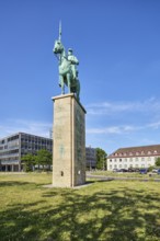 Equestrian statue Lanzenreiter, sculptor Paul Wynand, pedestal, architect Adolf Abel, general