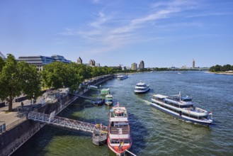 Rhine river, general architecture, Zoobrücke car bridge, footpath and cycle path, waterfront, boat