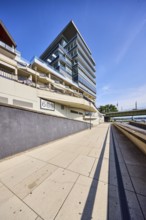 Rhine river, Rhine kilometer 688, kilometer marking, general development, commercial buildings,