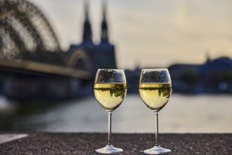 Wine glasses, wine, light refraction in filled glasses, concrete wall, Rhine river, Hohenzollern
