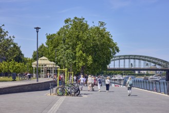 Rhine river, bridge, Hohenzollern bridge, metal railing, lantern, waterfront, pedestrians as
