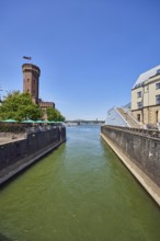 Rhine river, historic port, Rheinauhafen, quay wall, defense tower, Malakoff tower, building,