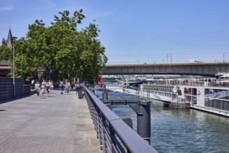 Rhine river, waterfront, metal railing, lantern, ship, gangway, bridge, Deutz bridge, pedestrian as