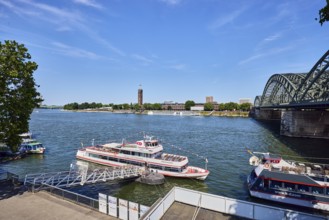Rhine river, pedestrian and railway bridge Hohenzollern bridge, exhibition tower, general