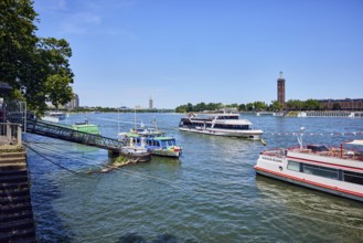 Rhine river, excursion boats, gangway, quay wall, general architecture, exhibition tower, trees,