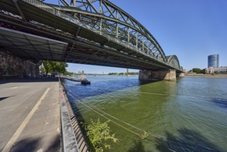 Rhine river, Hohenzollern Bridge pedestrian and railway bridge, steel arches, MaxCologne high-rise
