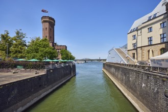 Rhine river, historic port, Rheinauhafen, quay wall, defense tower, Malakoff tower, building,