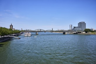 Rhine river, bridge, Deutz bridge, church tower of Groß St. Martin, high-rise MaxCologne, Lanxess,