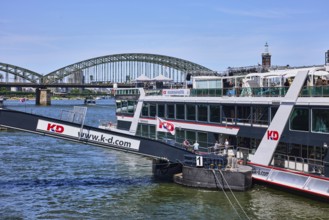 Rhine river, excursion boat, gangway, Cologne-Düsseldorfer Deutsche Rheinschiffahrt GmbH, bridge,