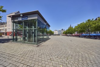 Underground car park, modern architecture, general development, paving stone square, trees, blue