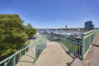 Rhine river, metal railings, outdoor spiral staircase, general architecture, skyscrapers, modern