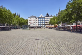 Row of houses, buildings, paving stone square, trees, blue sky, cloudless, hay market, Cologne,