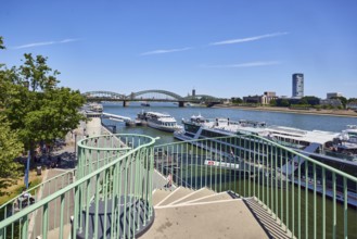 Rhine river, metal railings, outdoor spiral staircase, general architecture, skyscrapers, modern