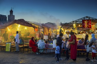 Food stalls on Place Djemma el-Fna, Gauklerplatz, UNESCO World Heritage Site, Blue Hour, Marrakech,
