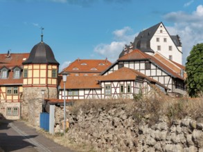 Large half-timbered buildings at Heringen Castle, Thuringia, Germany