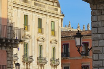 Historic centre view including Badia di Sant'Agata church rooftop, Catania, Sicily, Italy