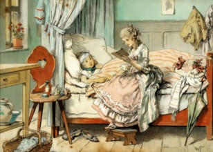 Princess Louise at the bedside of a sick scarlet village child in Broich, reading a fairy tale