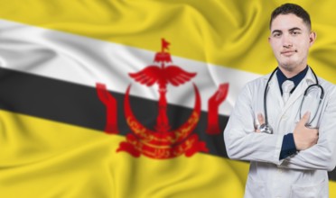 Portrait of medical professional on Brunei flag background. Bruneian national health system