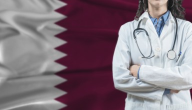 Medical professional on Saudi Arabia flag. Healthcare and wellness in Saudi Arabia, Concept