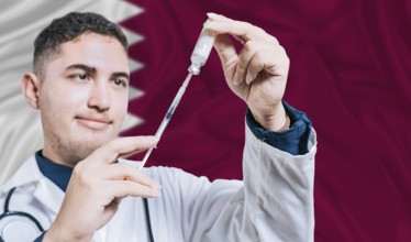 Doctor holding syringe on Qatar flag background. Medical professional holding syringe with Qatari