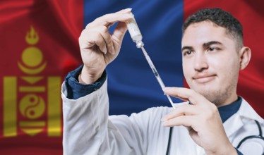 Doctor holding syringe on Mongolia flag background. Medical professional holding syringe with