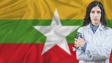 Burmese national health system, Medical professional on Myanmar flag background